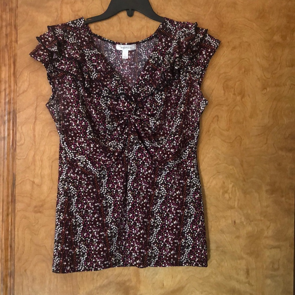 Dress Barn, cap sleeve, black with white, pink, red, purple and orange flowers.